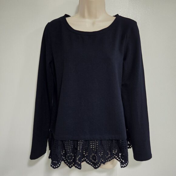 Talbots Size M Navy Blue Cotton Blend Solid Long Sleeve Eyelet Trim Tunic Top‎ - Picture 1 of 5
